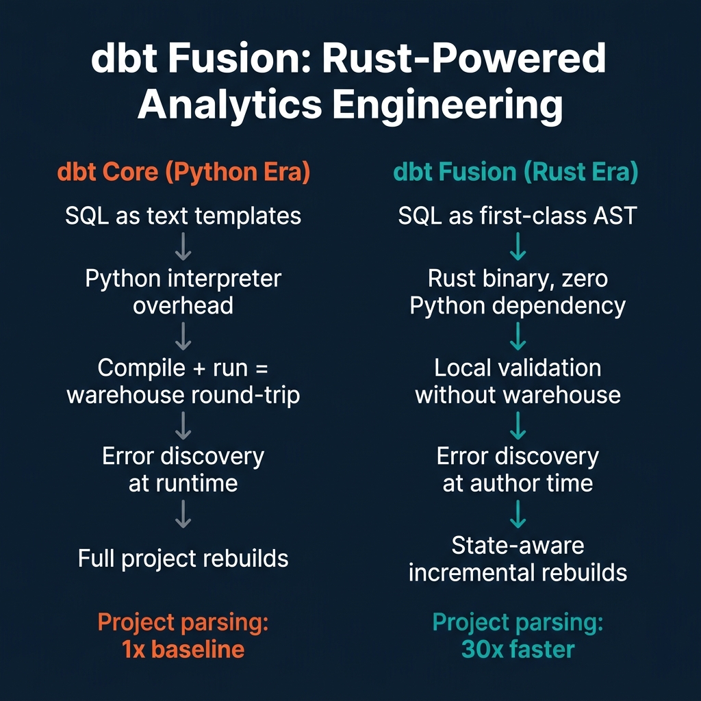dbt Core vs dbt Fusion lifecycle comparison showing Python text templates versus Rust AST compilation, with 30x faster project parsing and error detection shifting from runtime to author time