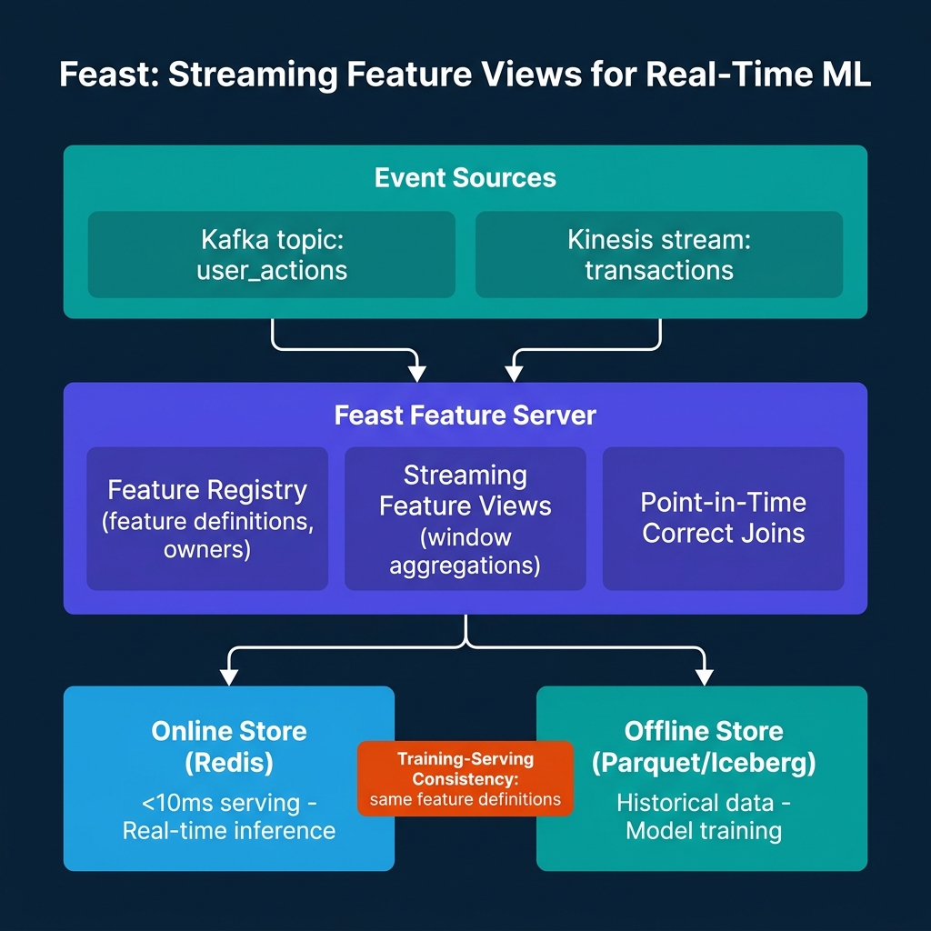 Feast streaming feature view architecture showing Kafka and Kinesis event sources feeding Feast Feature Server with streaming feature views and point-in-time correct joins, routing to Redis online store for sub-10ms real-time serving and Parquet/Iceberg offline store for model training